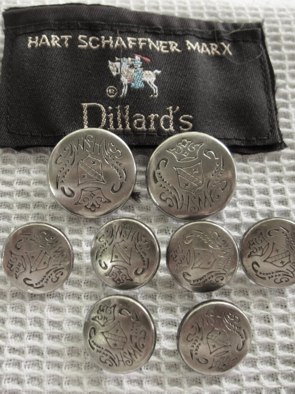 Hart Schaffner Marx Replacement 8 Button Set Silver Filigree Shield & Crown HSM